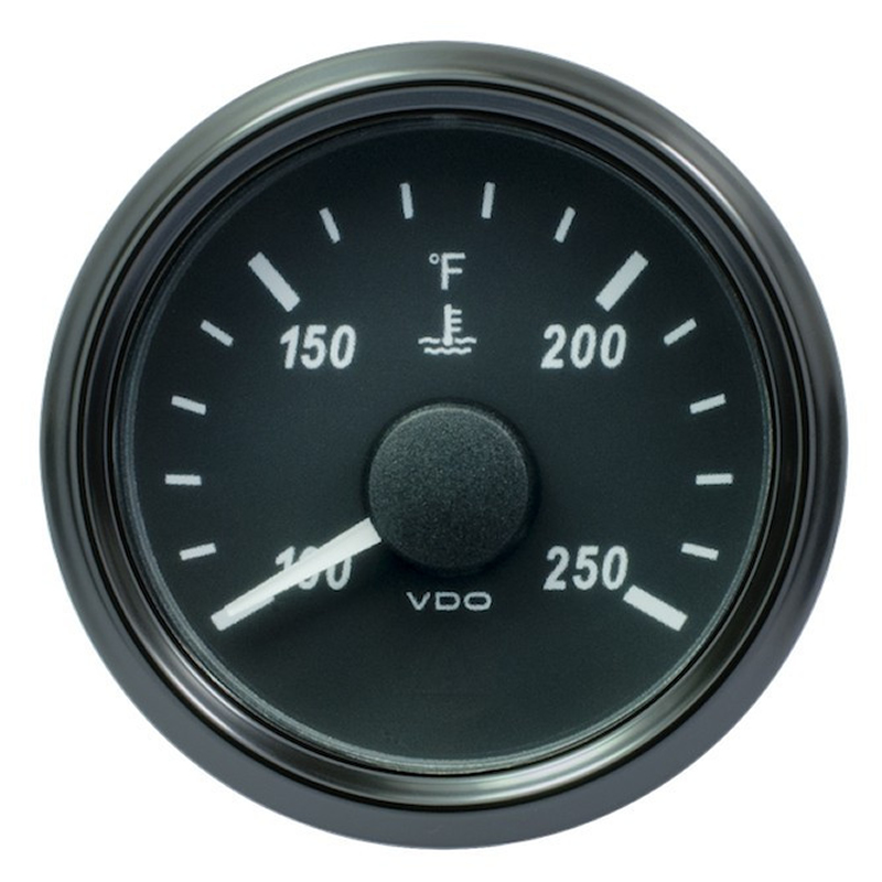 VDO SingleViu 0246 Coolant Temperature 250°F Black 52mm Amber Lighted w Red Pointer gauge
